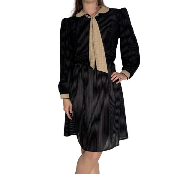 Vintage Luci Fellini 1980s Black Pin Stripe Dress Polka Dot Neck Tie Collar - Picture 2 of 13